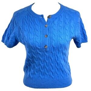 J.Crew Cashmere Cable Knit Short Sleeve Henley Polo Sweater Womens Size S Blue